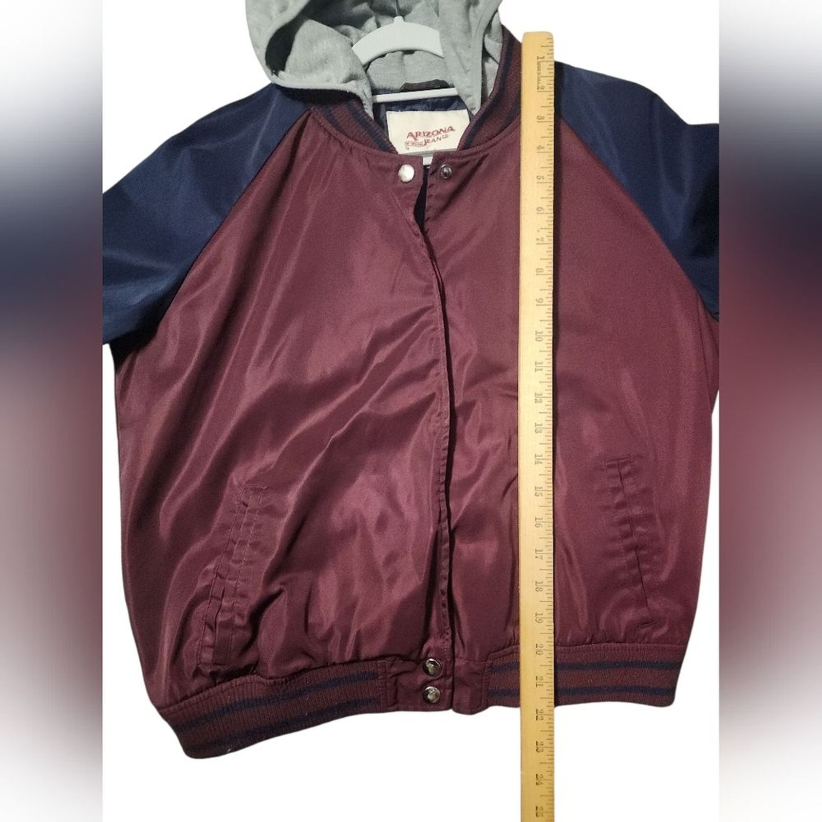Arizona Jean Co Women’s Bomber Jacket Size M Maroon Navy Blue Hooded Varsity
