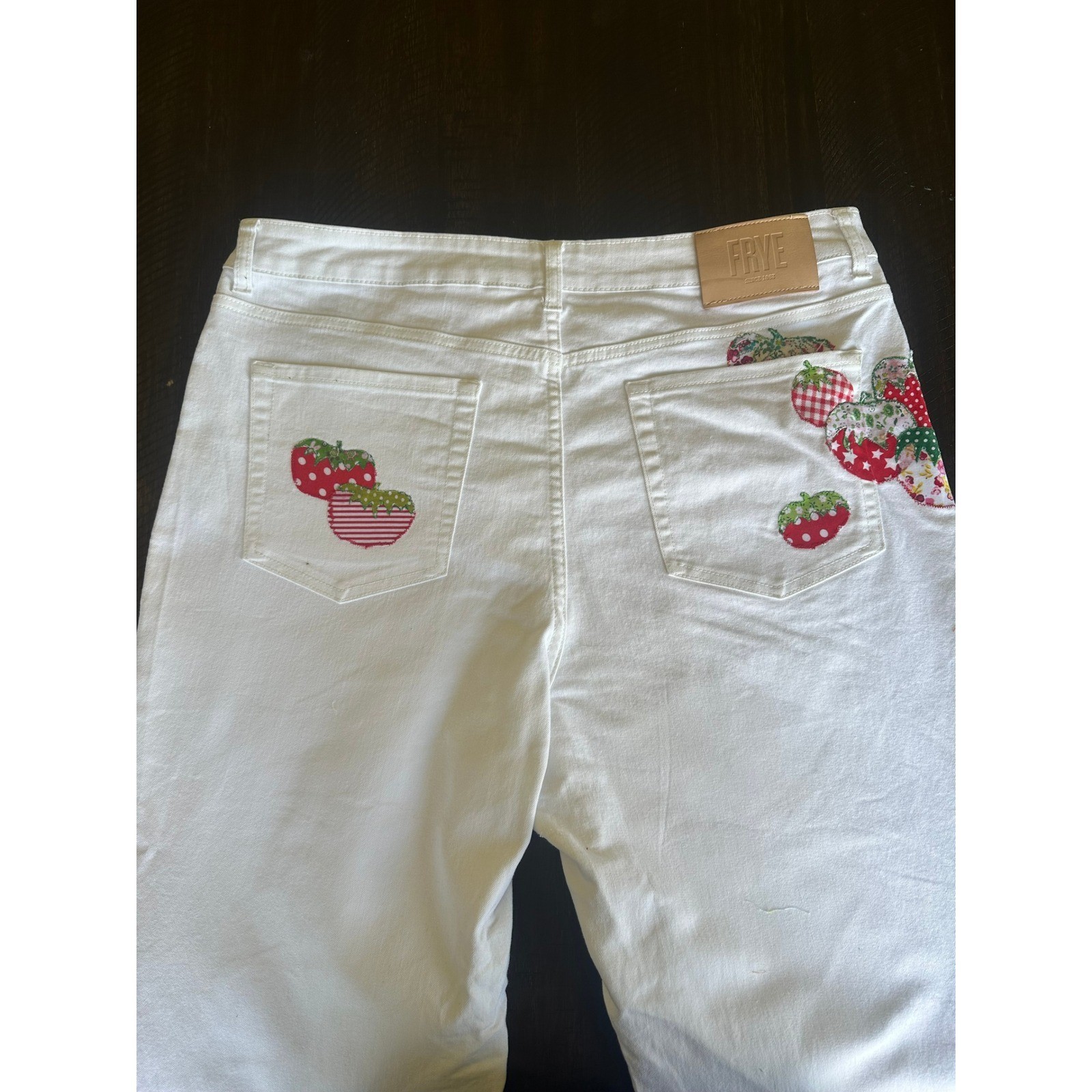 Frye Upcycled Artisan Strawberry Patchwork White Denim Jeans Cottagecore