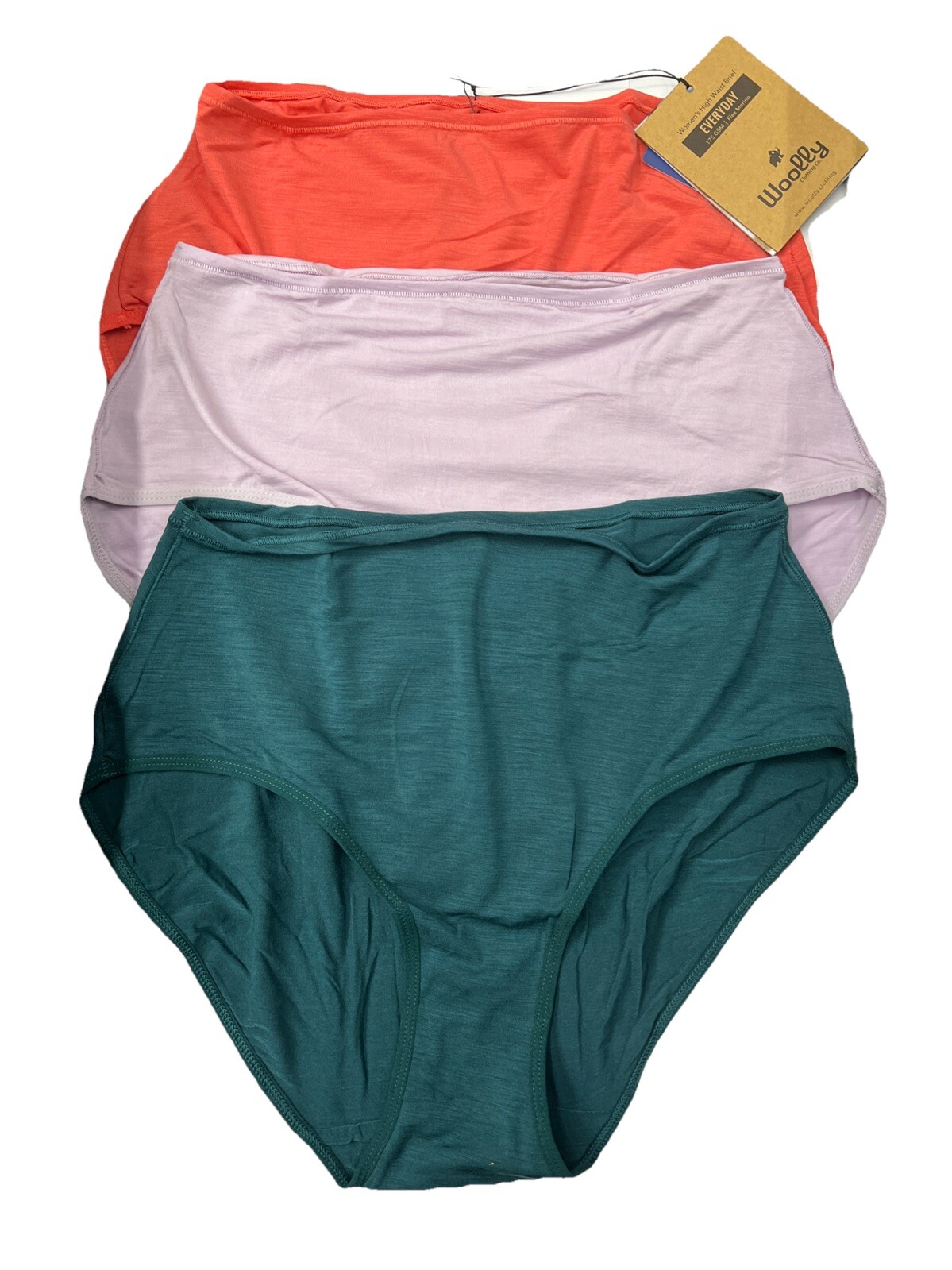 Woolly Women’s High Waisted Brief 3 Pack 95% Merino, Rose, Lilac, Teal, XS