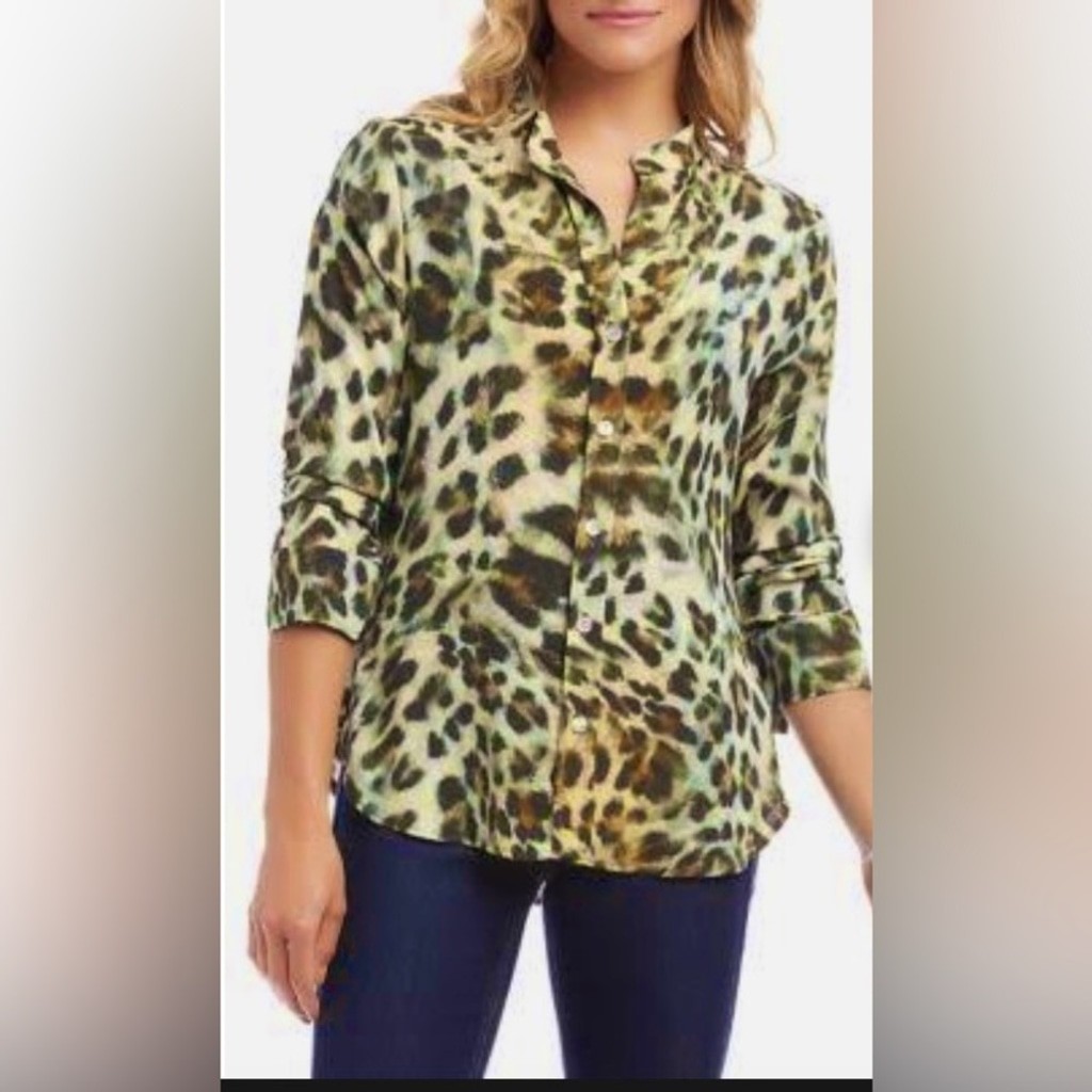 Karen Kane 3/4 Leopard Print Button Down Viscose Top Olive Blouse Large $140