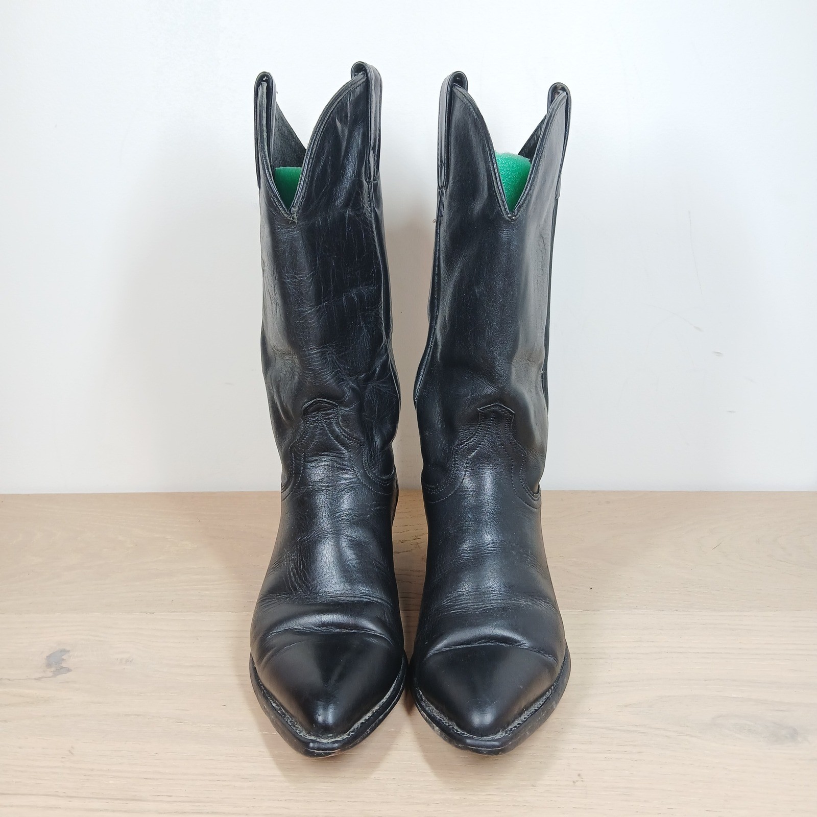 J.Chisholm Western Boots Men’s 7 Black Leather Pointed Toe Cuban Heel Mid-Calf