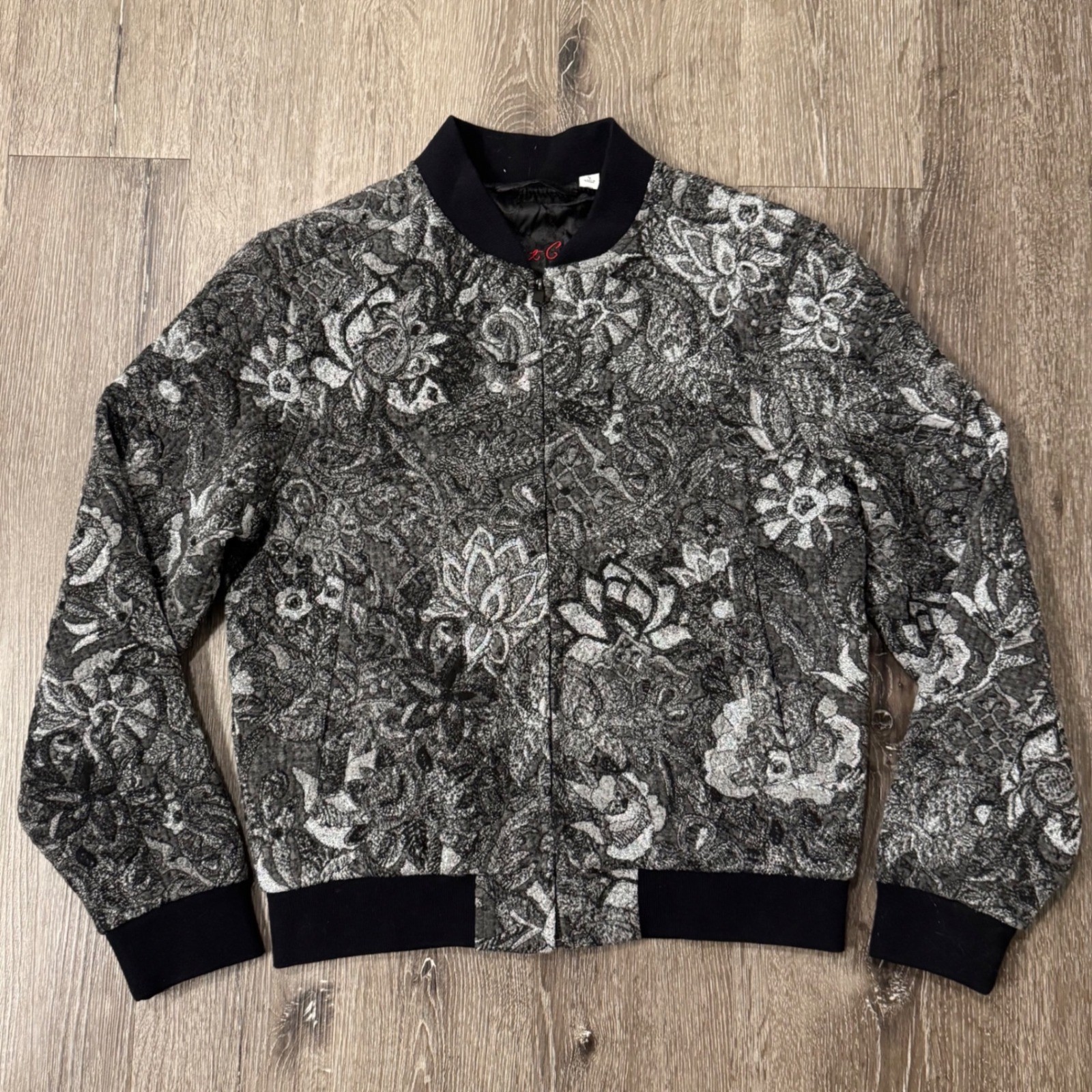 Robert Graham Bomber Jacket Mens S Gray Silver Floral Paisley Jacquard Metallic