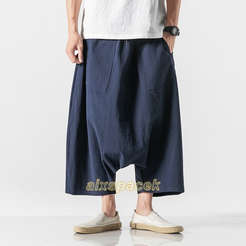 Summer Men’s Cotton Linen Drop Crotch Baggy Big Fork Pants Trouser Chinese