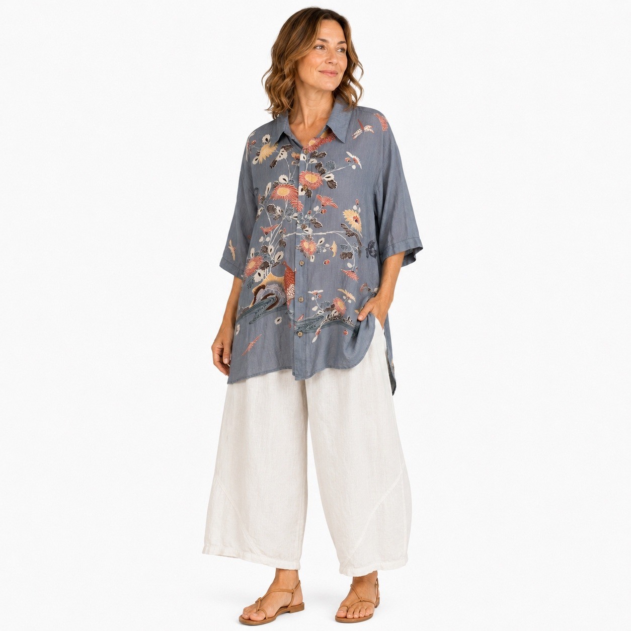 Citron Santa Monica Ramie Koi Fish Floral Button Up Tunic Shirt Size 1X Blue