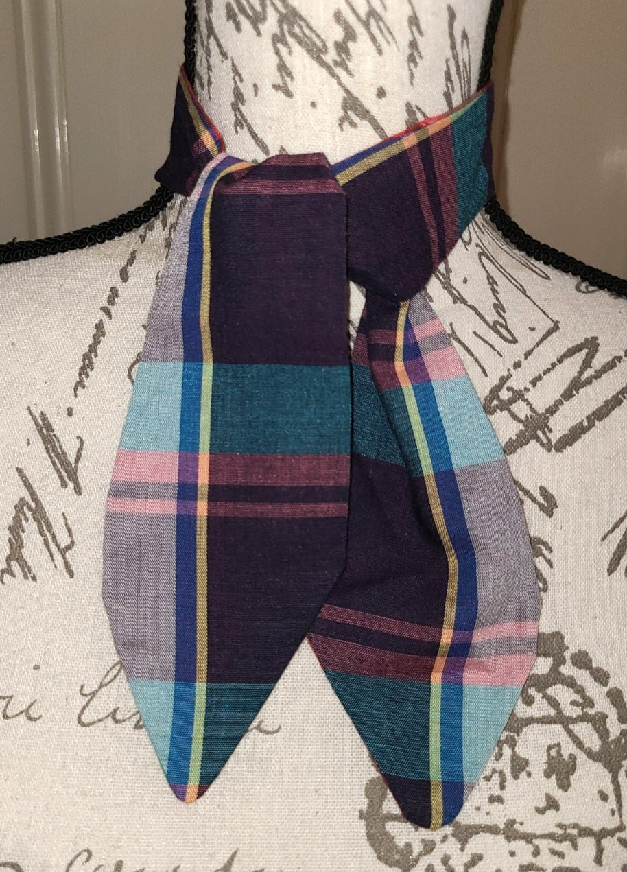 Vtg cotton Madras plaid multicolor reversible tie, red blue purple green