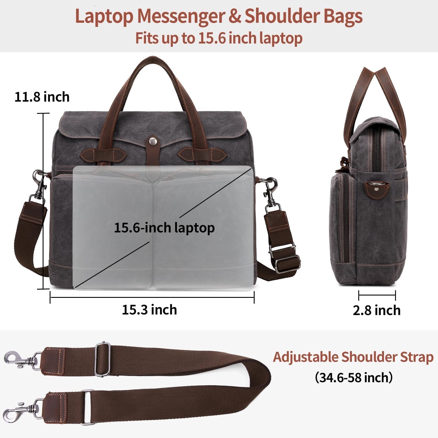 Laptop Bag for Men 15.6 Inch Messenger Bag Water-resistant Waxed Canvas BlackGra