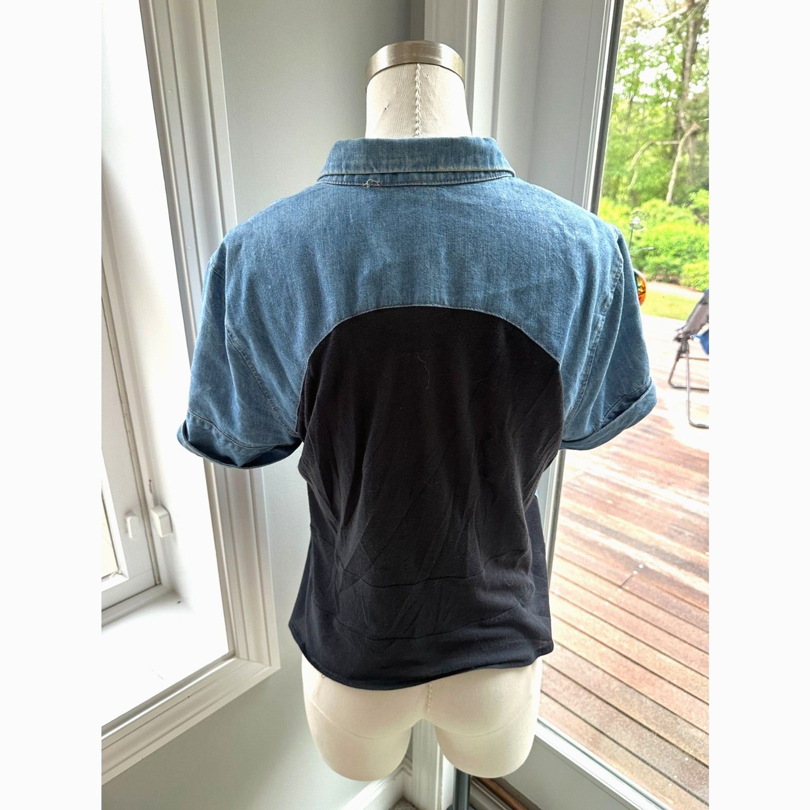 Helmut Lang New York Era Chambray Denim Mixed Media Top Sz M Made USA 2002