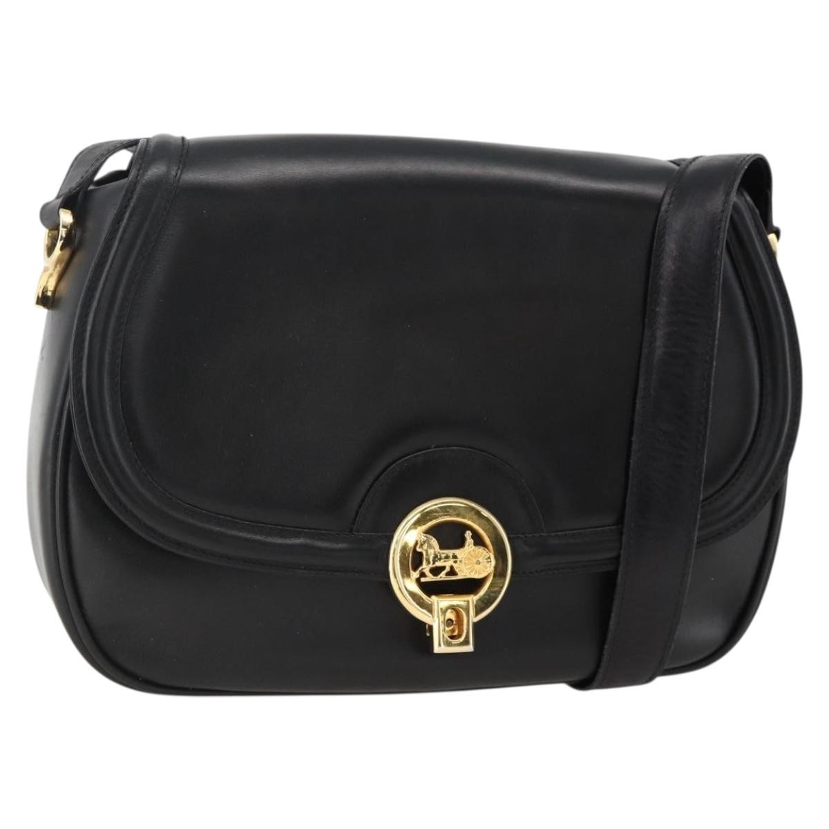 CELINE Horse Carriage Shoulder Bag Leather Black Gold Auth BA11909