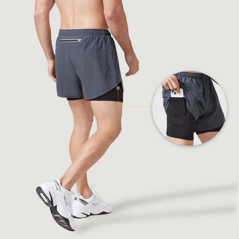 Men’s Fast Dry Running Shorts Double Layer Comfort Zip Pockets Gym Fitness Gift