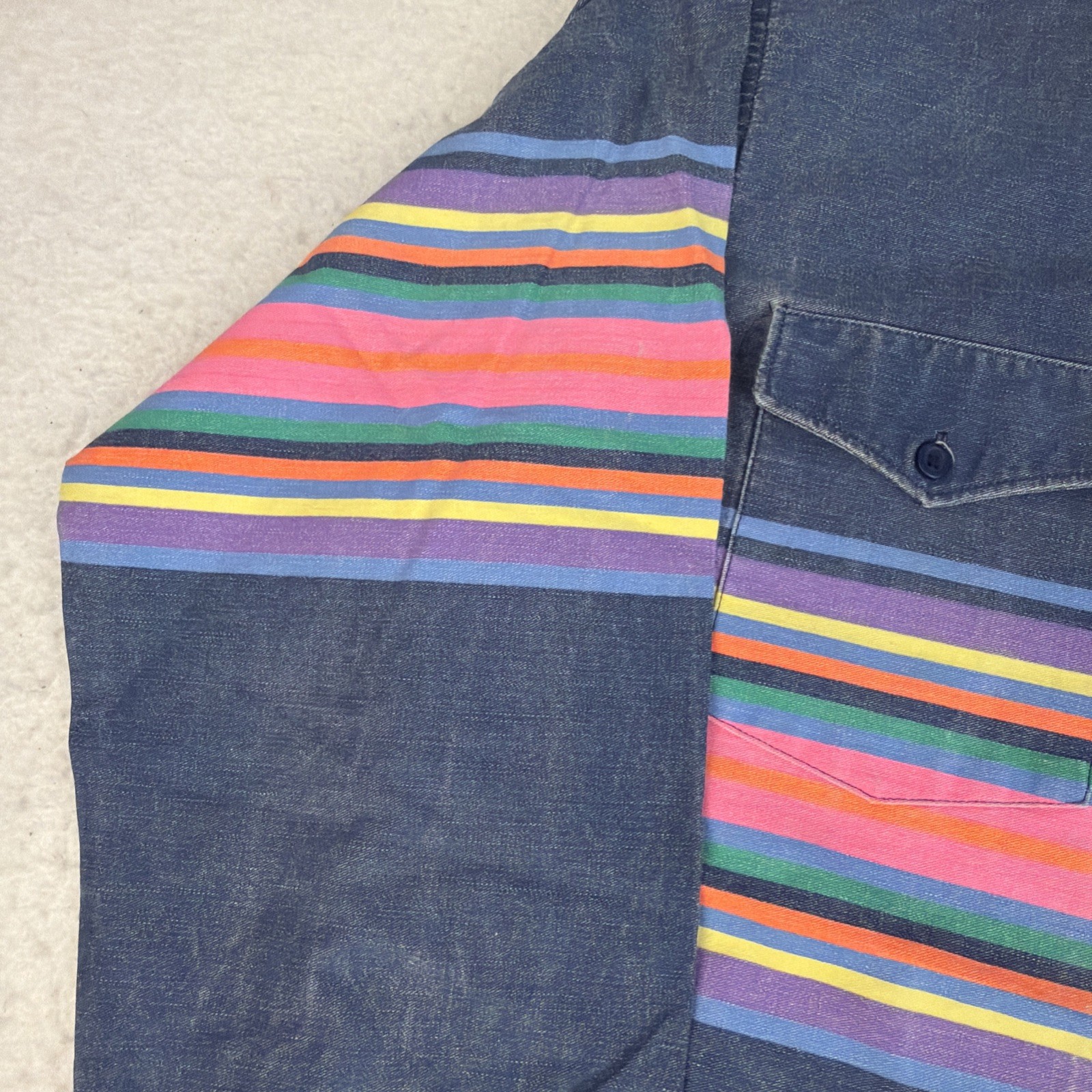 Vintage Wrangler Brushpopper Blue Multicolor Stripes 15.5 X 34 Size L USA Made