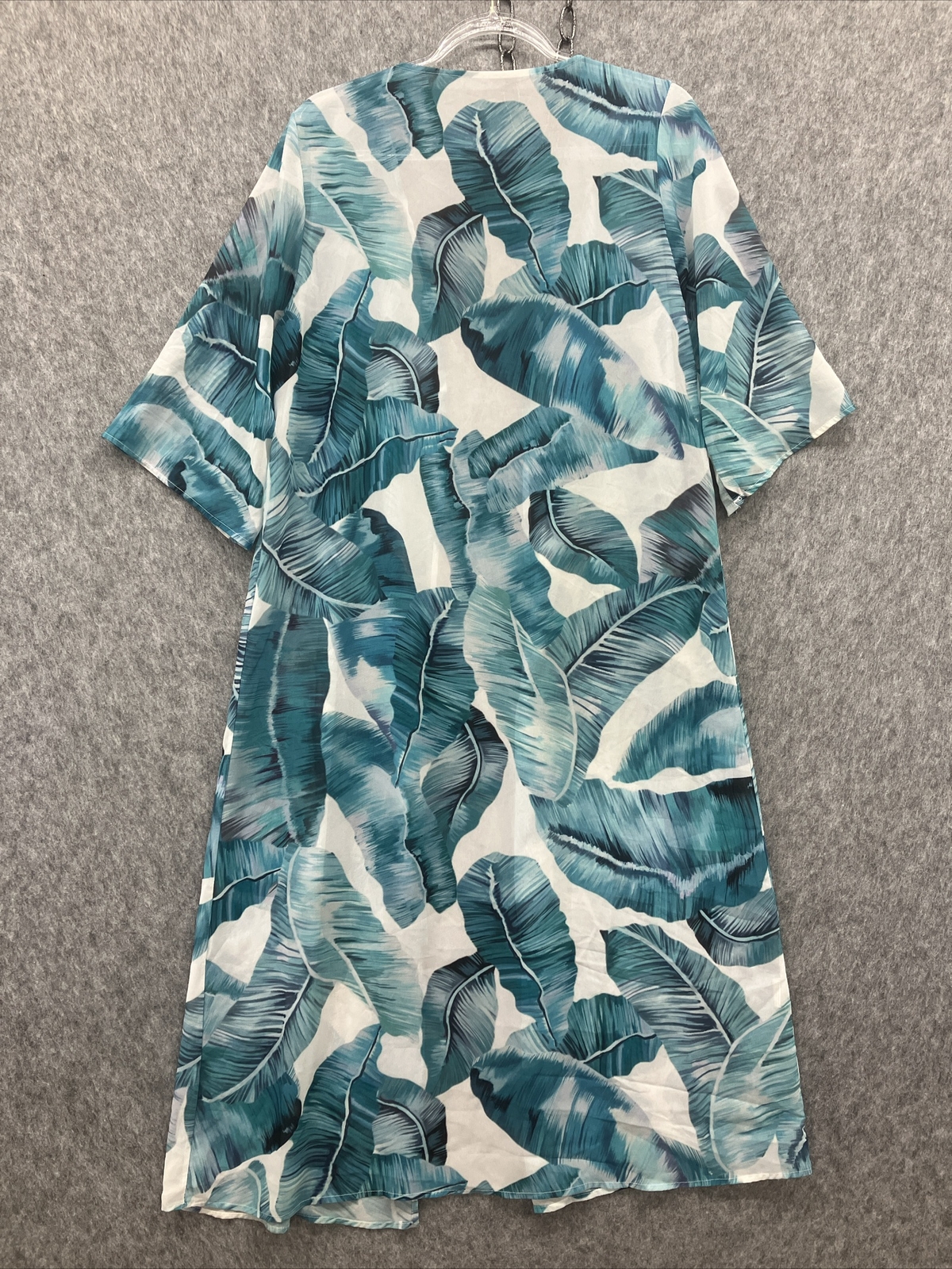 Beachy Tropical Sheer Kimono Topper Coverup Womens Large White Aqua Midi Length