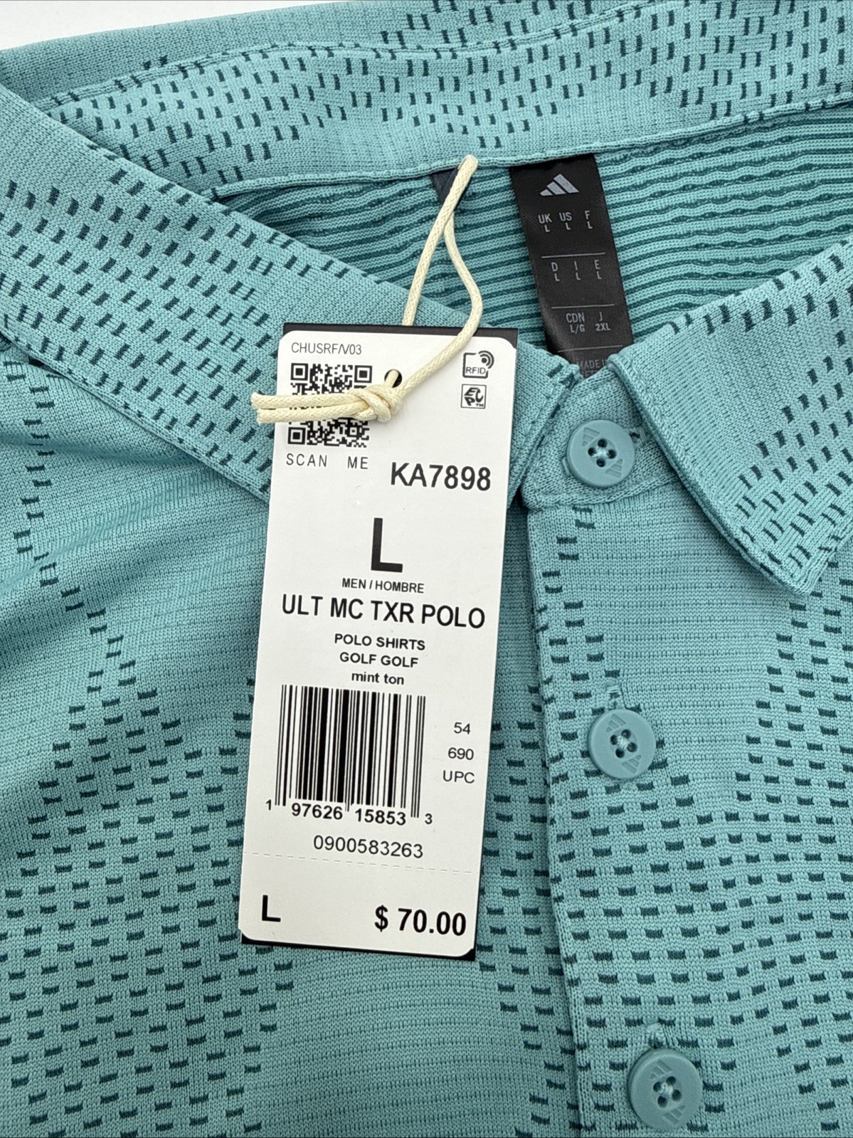 $70 Adidas Men’s Ultimate365 Textured Polo Shirt – Mint Iron – Large – New Tags