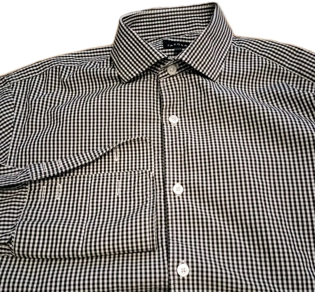 Jaeger Shirt Mens 15.5″ Black Gingham Check Long Sleeve French Cuff Regular Fit