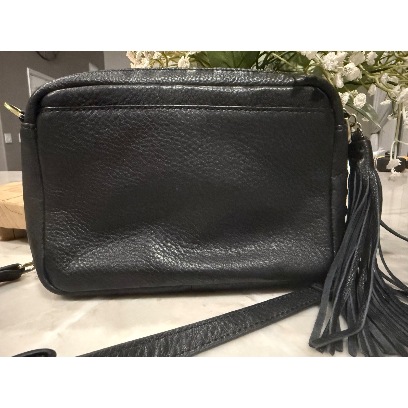 HOBO Black Leather Calf Hair Leopard Print Tassel Crossbody Bag Camera Bag