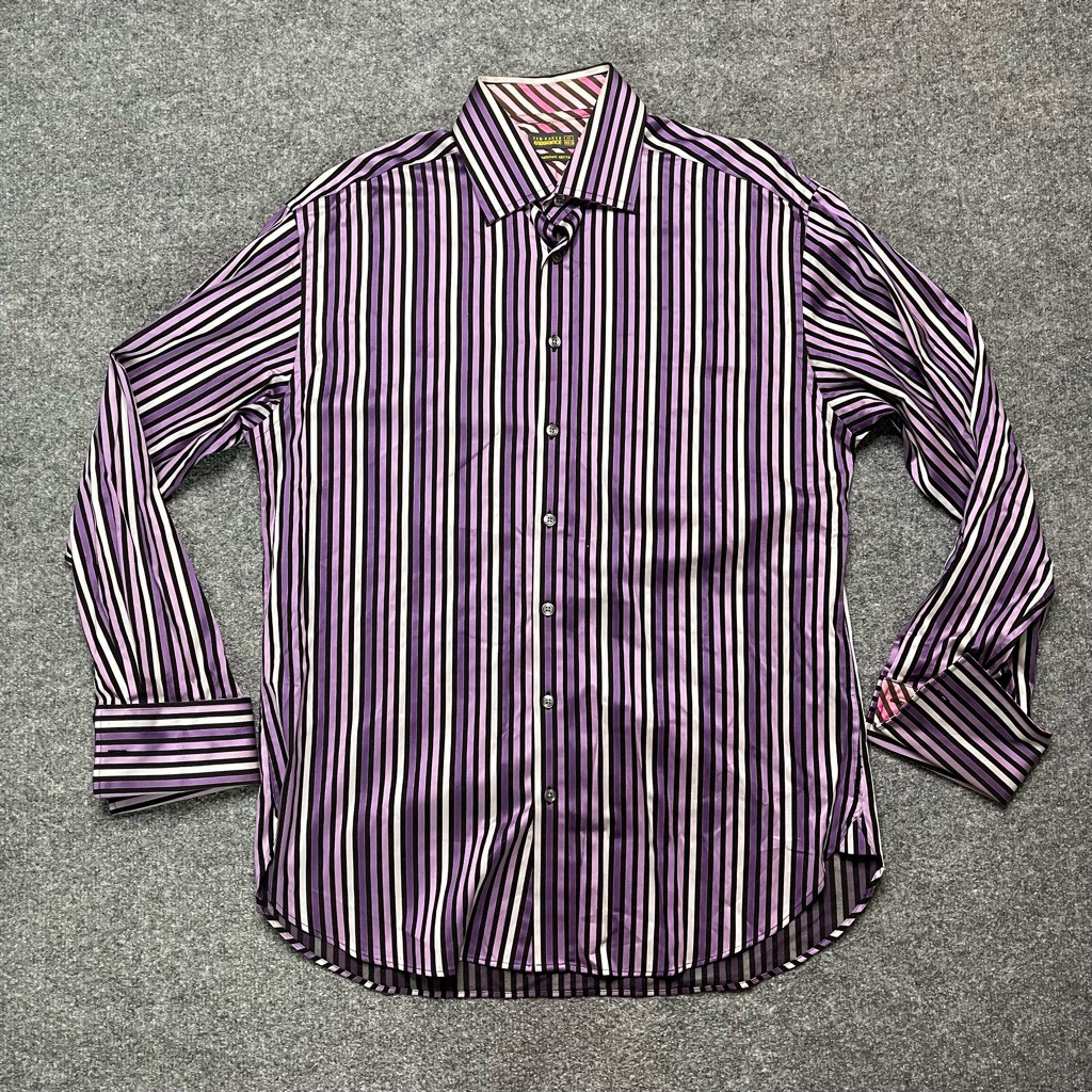Ted Baker Mens Dress Shirt Purple Striped Spread Collar Barrel Cuff Cotton 17