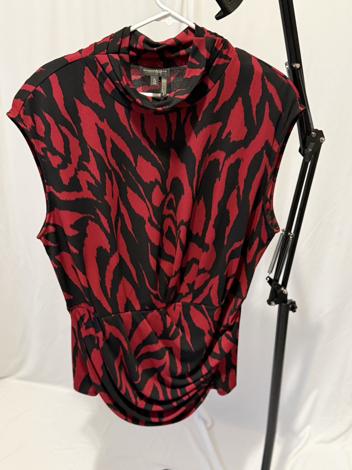 Donna Karan New York Women’s XL Red Black Zebra Animal Print Cowl Neck Blouse
