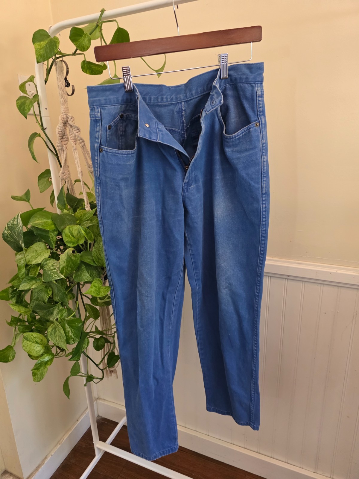 Vintage Bugle Boy 100% Cotton Jeans 32×30 Blue High Rise Tapered Mom Made HK