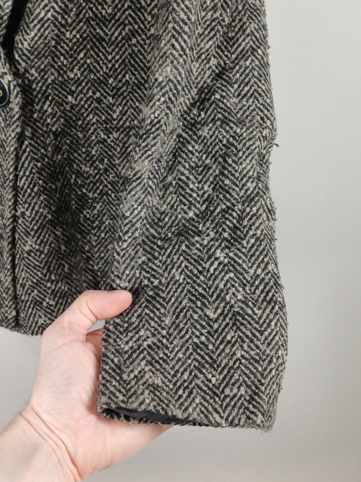 Jaeger Jacket Womens UK 12 Beige/Black Virgin Wool Cashmere Herringbone Blazer
