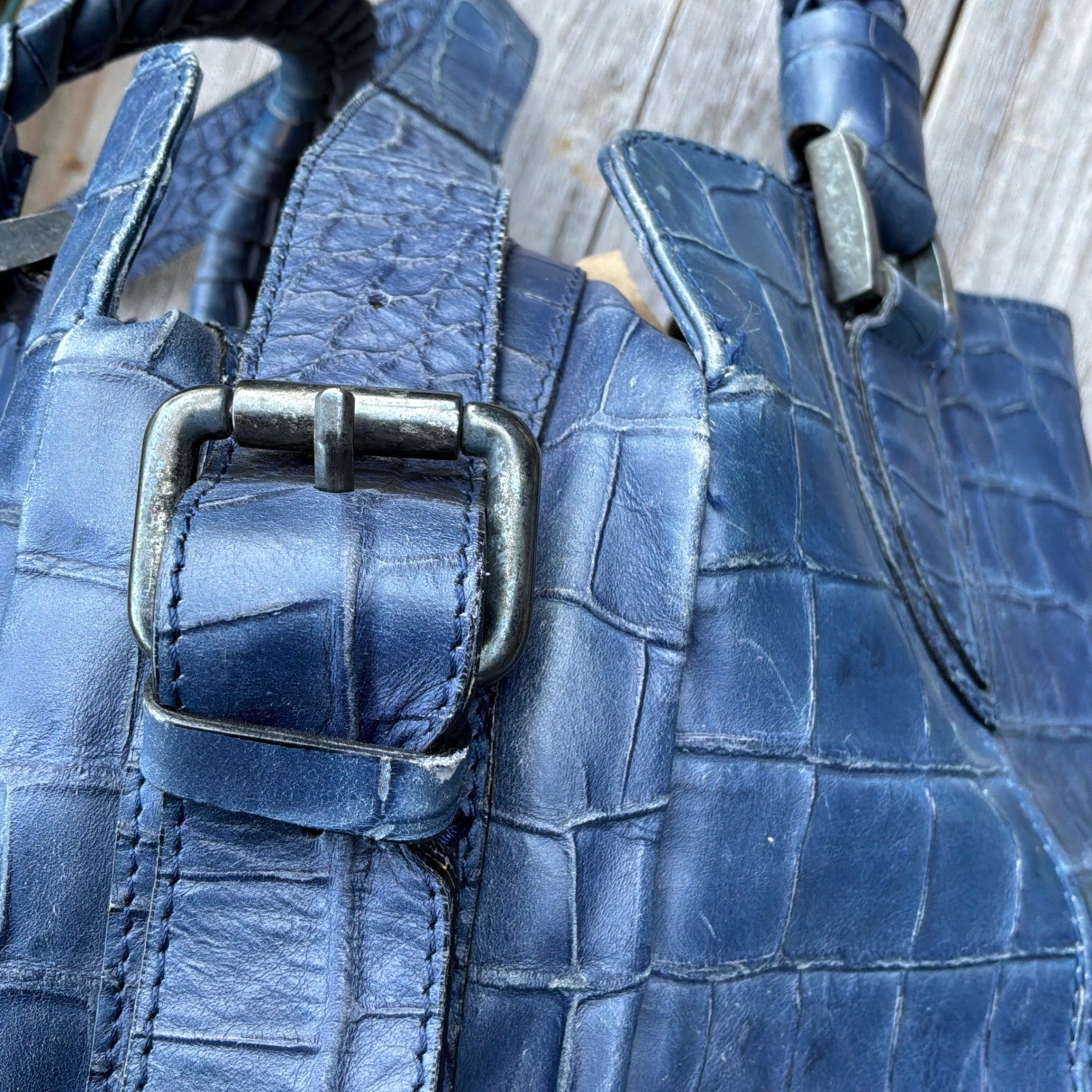 Falor Tote Bag Large Blue Croc Embossed Leather Braided Handles Made in Italy
