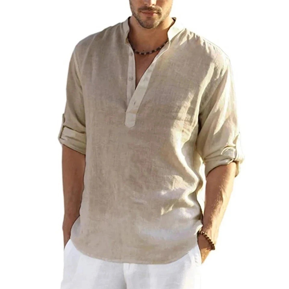 Men’s Cotton Linen Henley Long Sleeve Shirt Casual Beach T-shirt Tee Summer Gift