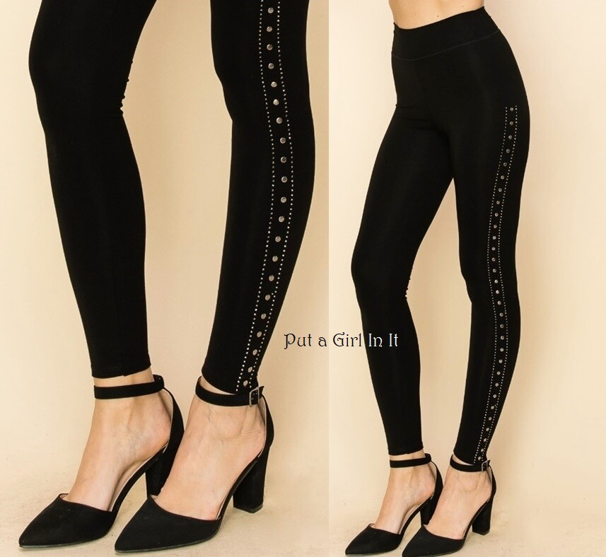 New VOCAL Womens EMBELLISHED STUDDED STONE SOFT BLACK LEGGINGS S M L XL 1X 2X 3X