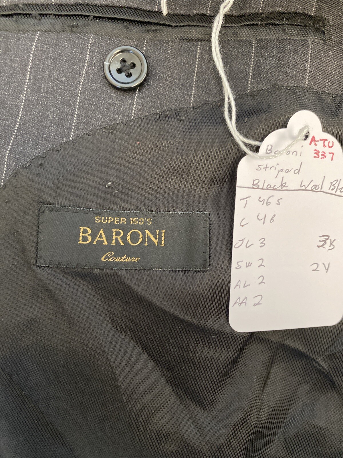 Baroni Men’s Dark Gray Striped Super 150’s Wool Blazer 46S $495 Three Button