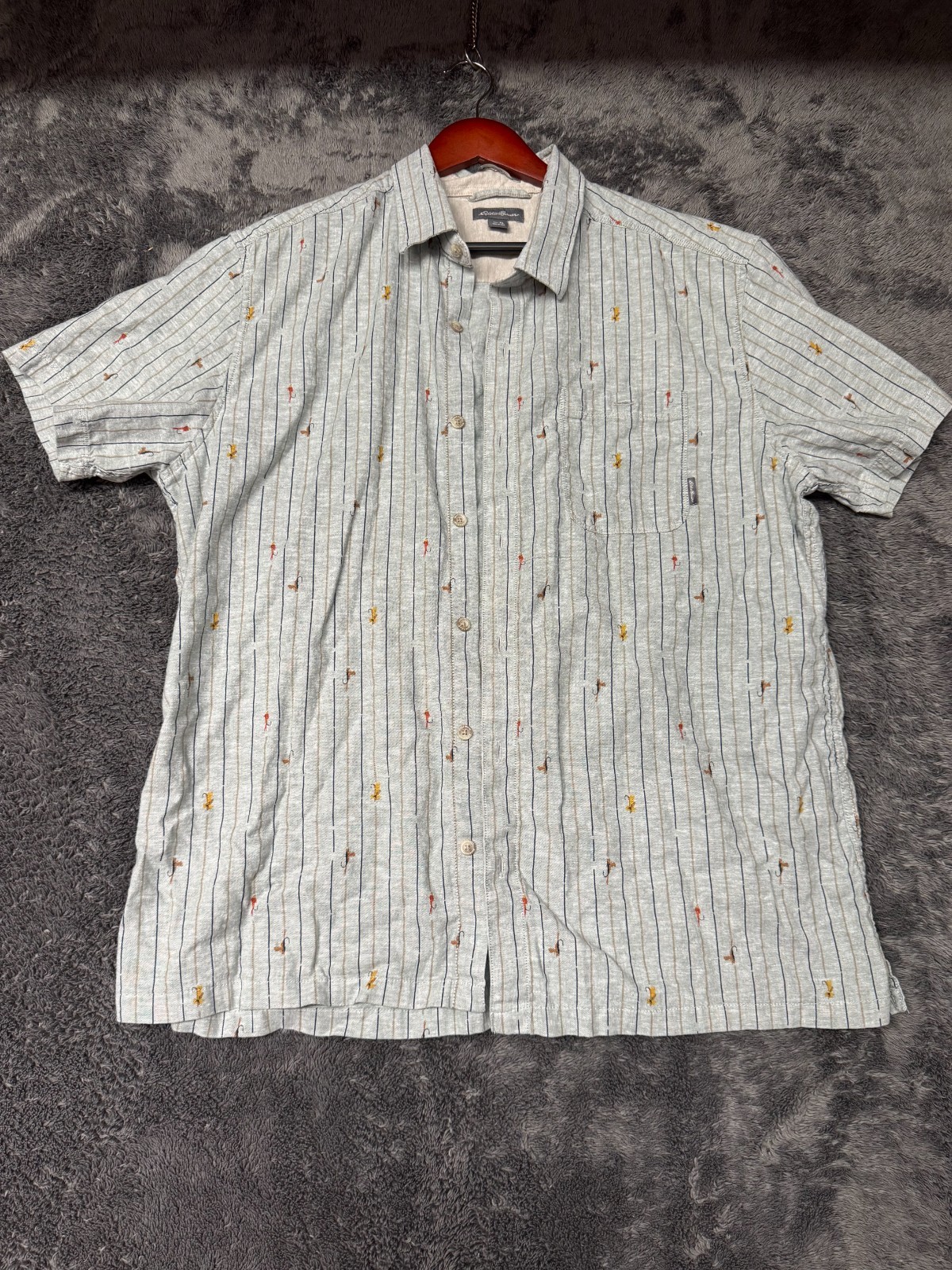 Eddie Bauer Mens XL Hemp Cotton Camp Shirt Fishing Fly Print Short Sleeve