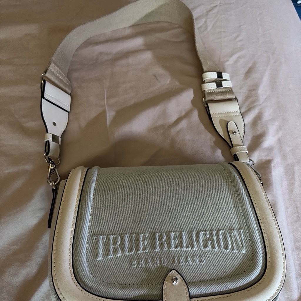 True Religion Beige Logo Crossbody Bag, Adjustable Strap, Zip/Magnetic Close