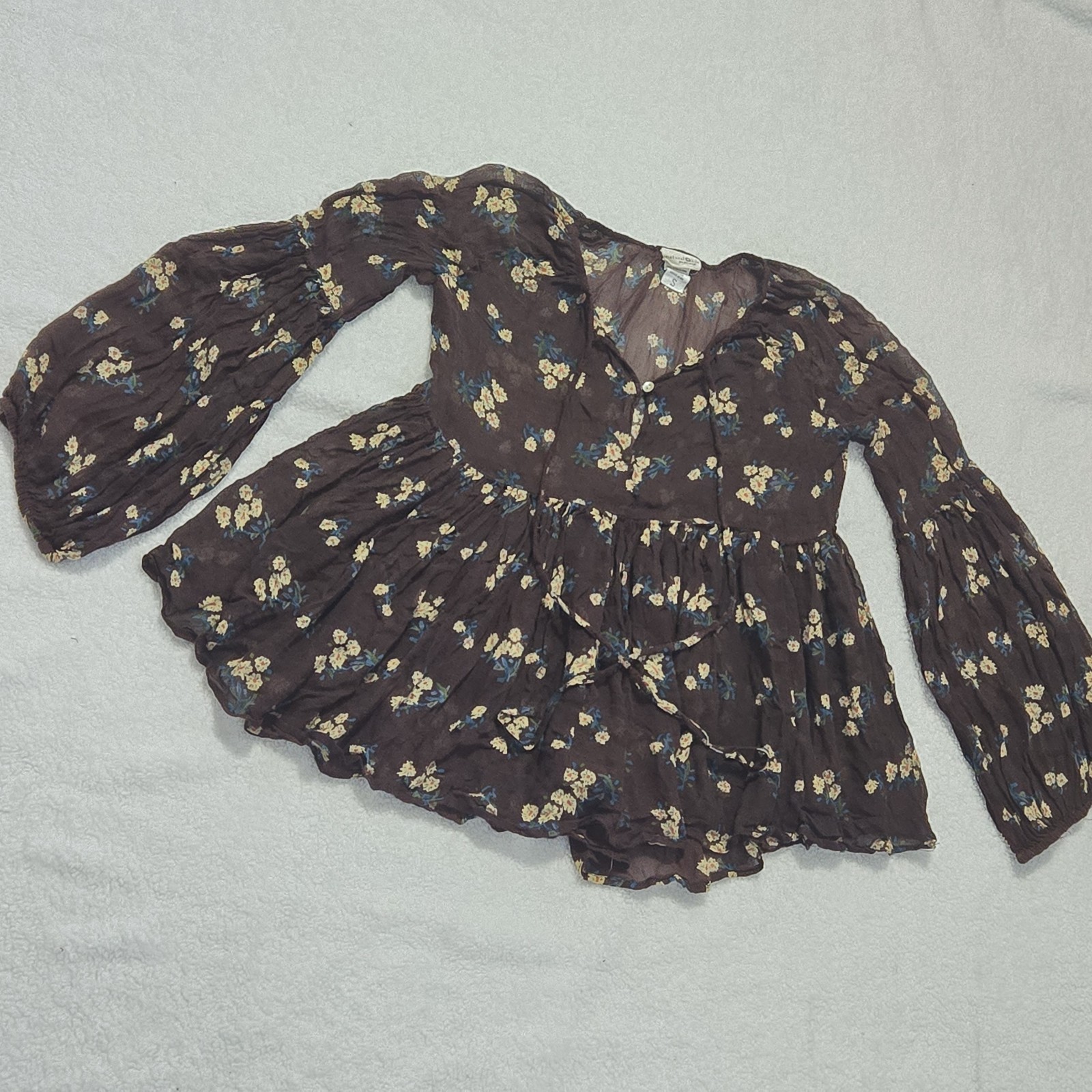 Natural Life Floral Boho Babydoll Top Size S Brown Peasant Puff Sleeve Cottage