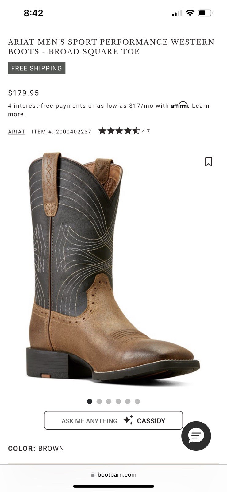 Ariat Mens Sport Wide Square Toe Western Cowboy Boots Size 8.5 D Barley, Black