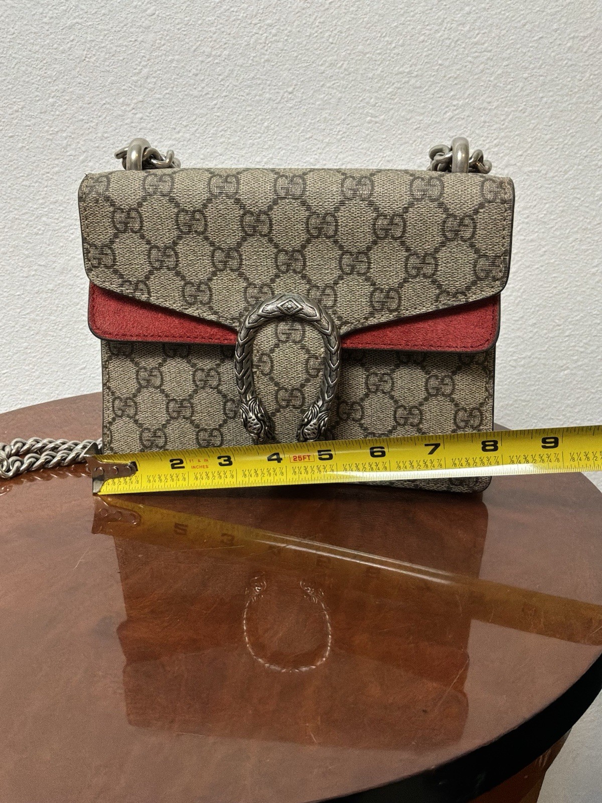 Gucci GG Monogram Dionysus Small Shoulder Bag Chain Strap Beige Red