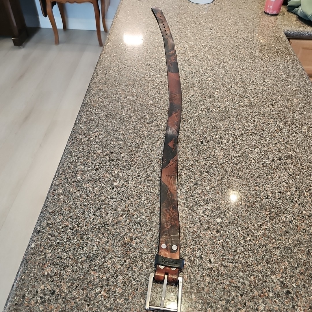 Jon Wye USA Made Brown Leather Belt Great Wave off Kanagawa Tsunami 38-45 Waist