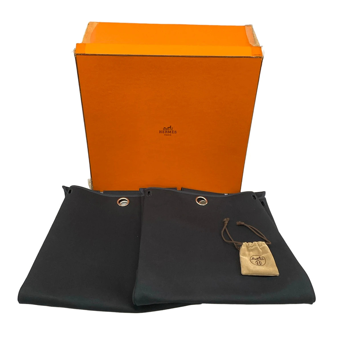 HERMES Her Bag MM Black Toile Officier Leather Square D Handbag