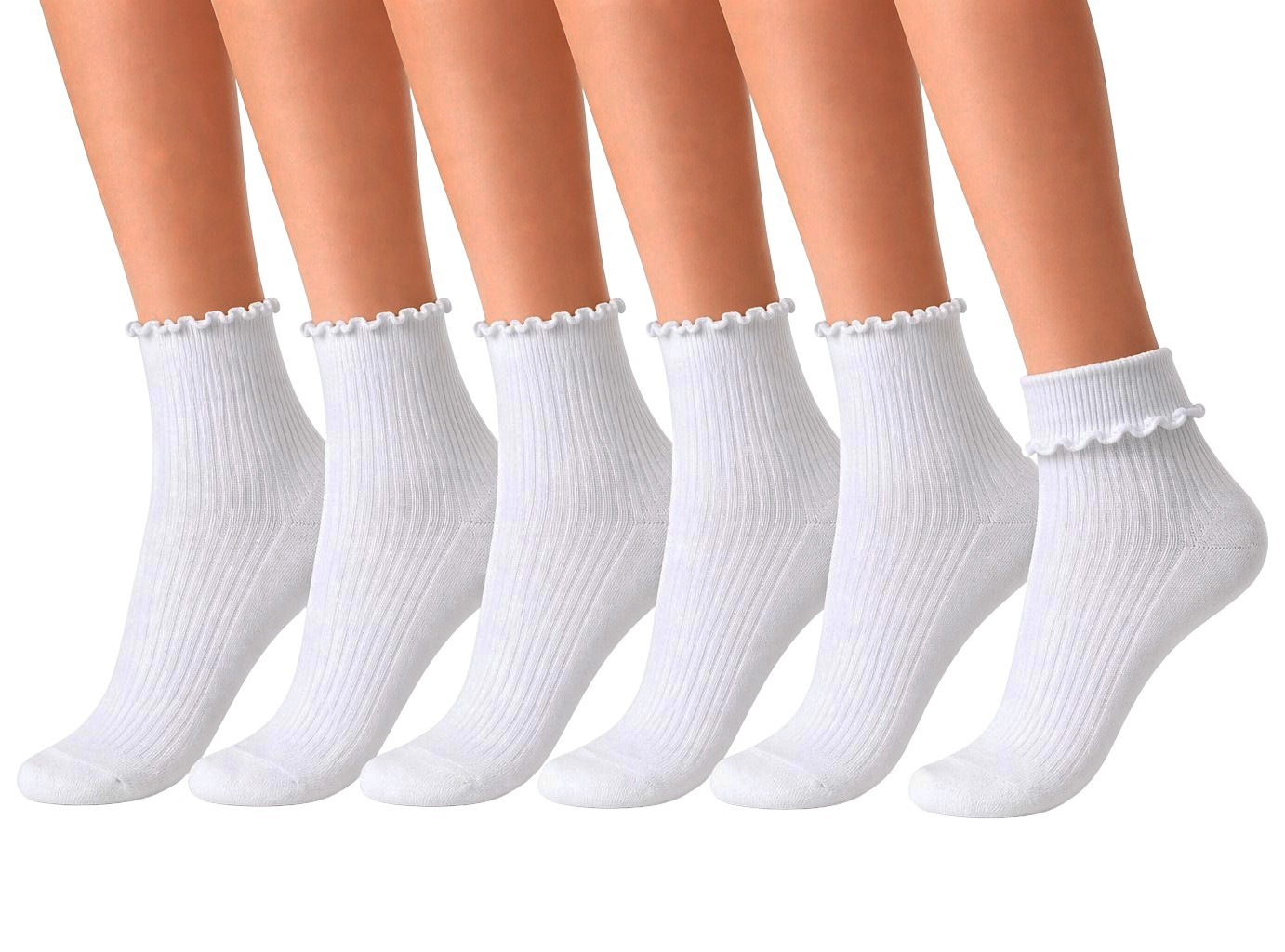 6-Pair Cotton Ruffle Frilly Crew Socks Womens Turn Cuff Fashion Cute