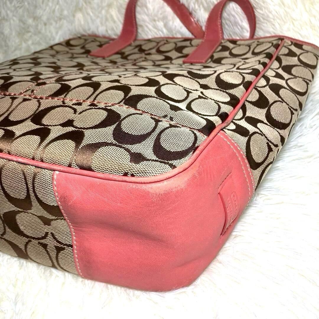 COACH Pink Brown Canvas Leather Tote Bag Logo Inner Pockets 11.8×12.6 in