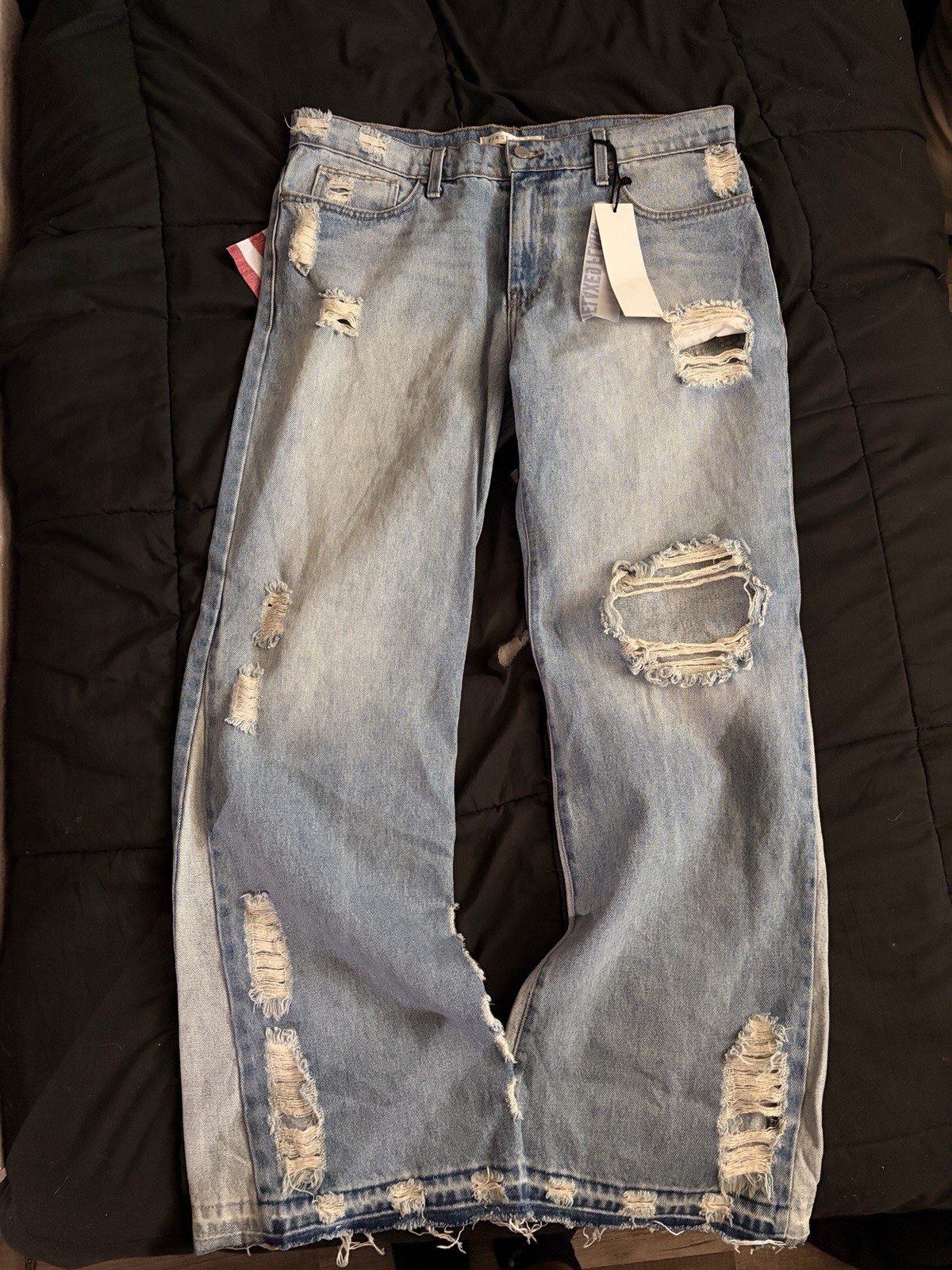 First Row Straight Men’s Light Blue Denim Jeans Distressed Flag Patch Button