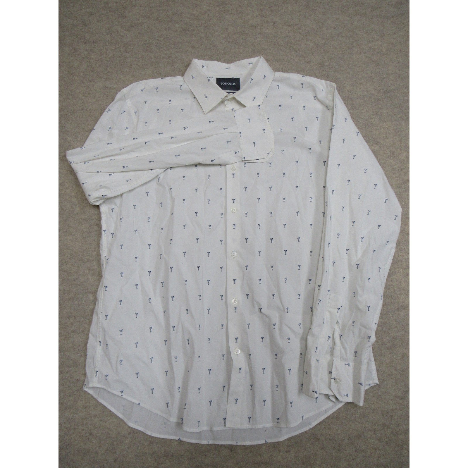 Bonobos Mens Martini Glass Print Button Down Shirt White Blue Standard Fit L