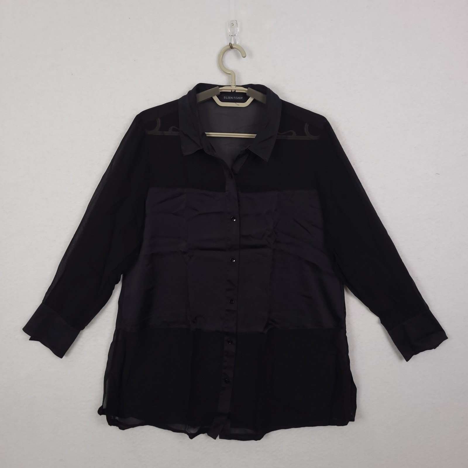 Eileen Fisher Silk Satin Blouse Size M Sheer Button Up Whimsgoth Witchy Capsule