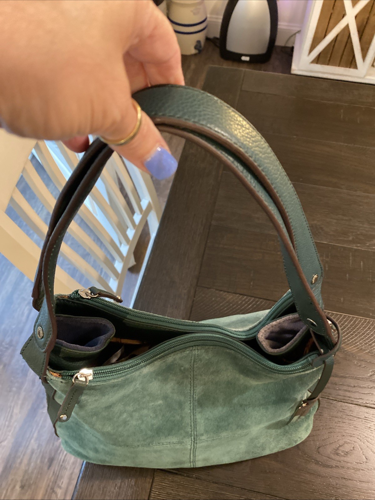 Tignanello Green Suede Leather Purse Shoulder Bag Zip Close Double Straps