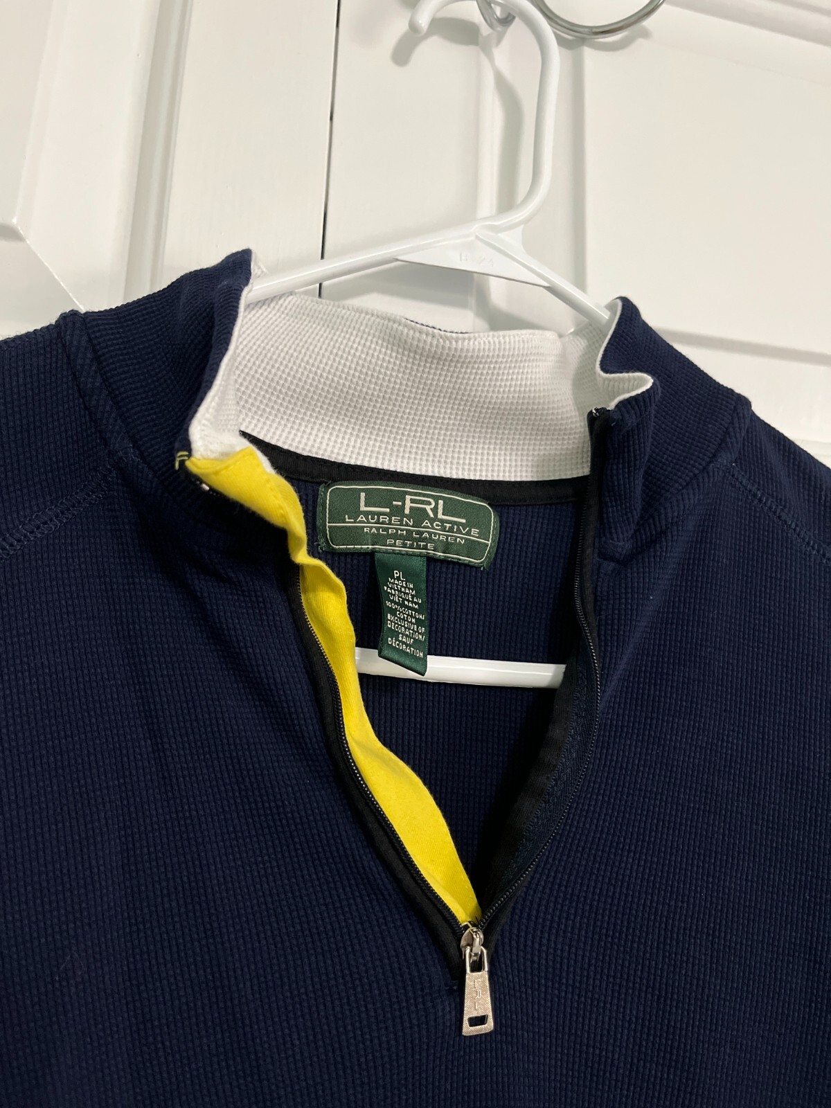 Ralph Lauren Active wear pullover Womens Petite Large Navy Yellow Logo Ladies