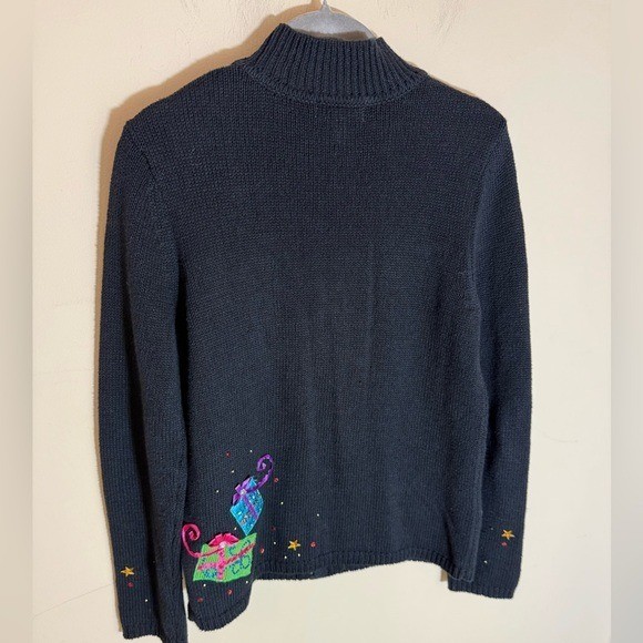 Karen Scott present gift mart Holiday Sweater Black Christmas full zip size S