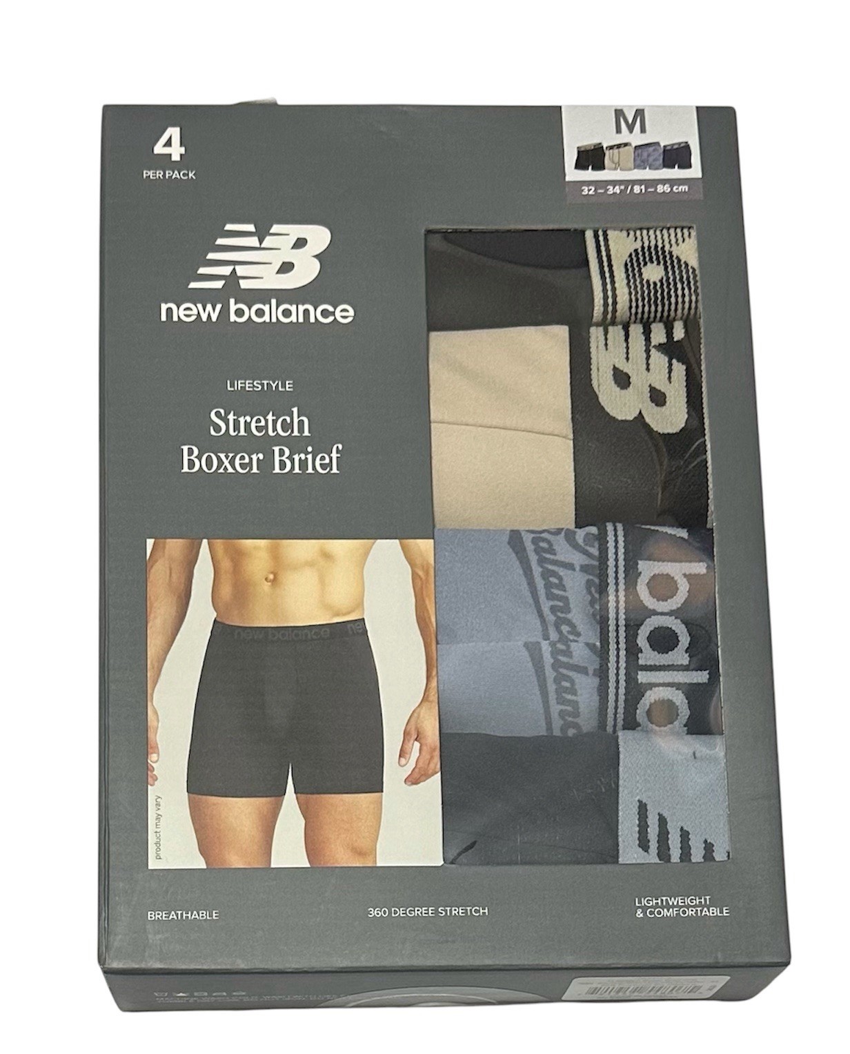 New Balance 4-Pack Men’s Stretch Boxer Briefs Medium (32-34) Black/Blue/Beige