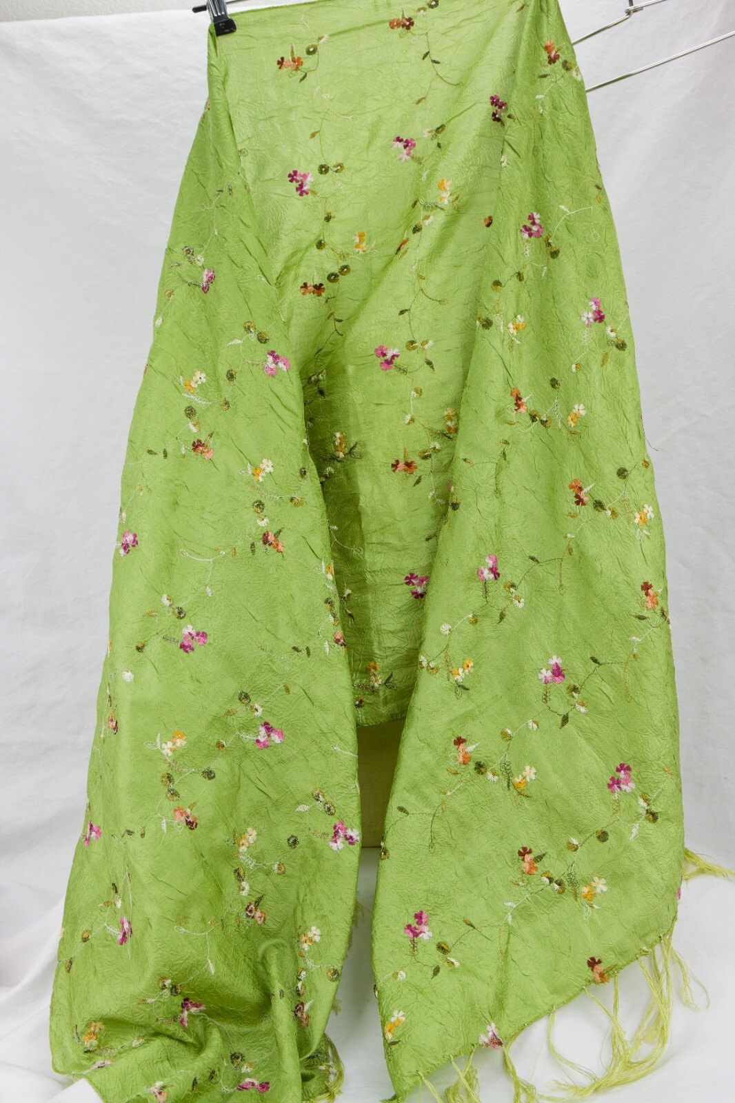 Crushed Shimmer Silk-Poly Blend Green Embroidered Floral Wrap Scarf, 25in x 64in