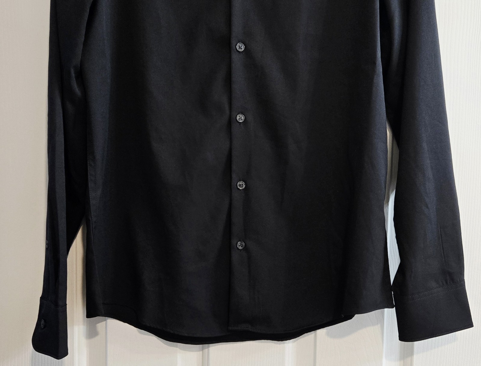 Perry Ellis Shirt Medium Black Banded Collar Untucked Slim Fit Stretch Modern