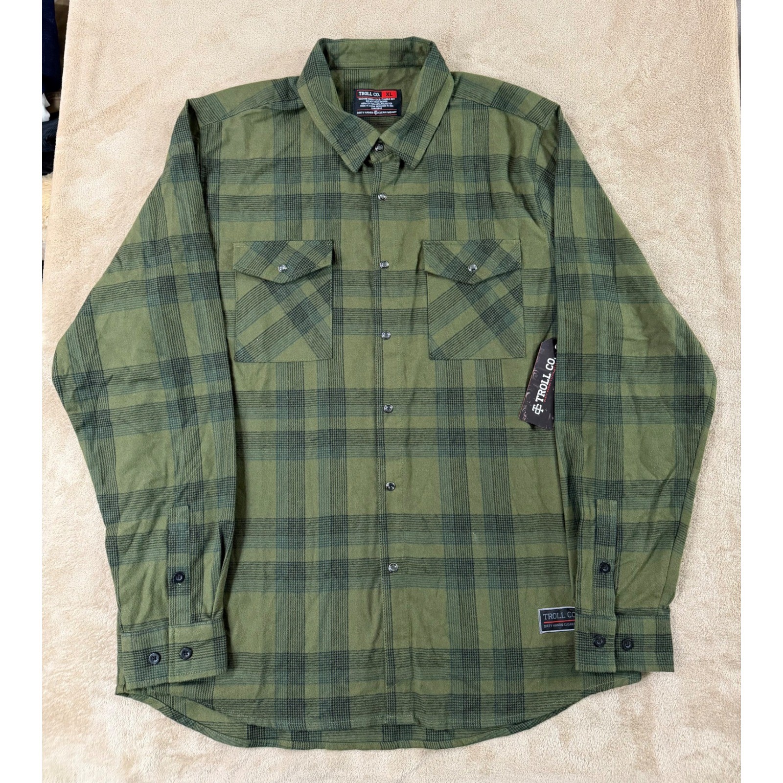 Troll Co Amperage Flannel Shirt Men Size XL Olive Green Plaid Snap Button up New