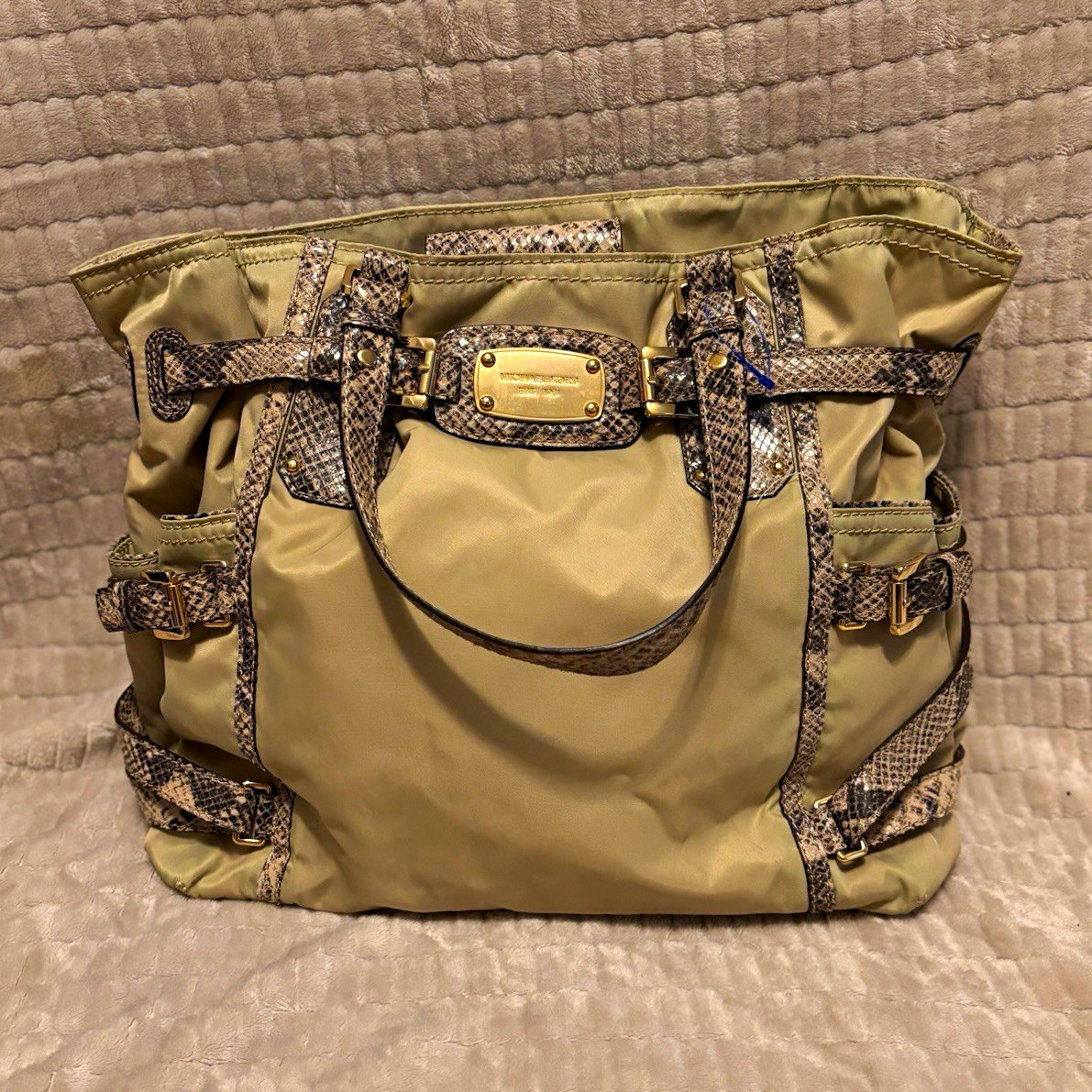 Vintage Michael Kors Large Khaki Tote Snakeskin Trim Gold Hardware Pockets
