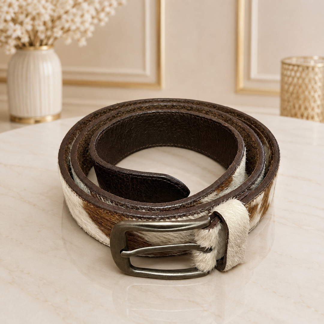 Handmade Brown White Hair-On Cowhide Leather Belt Western Gunmetal Buckle