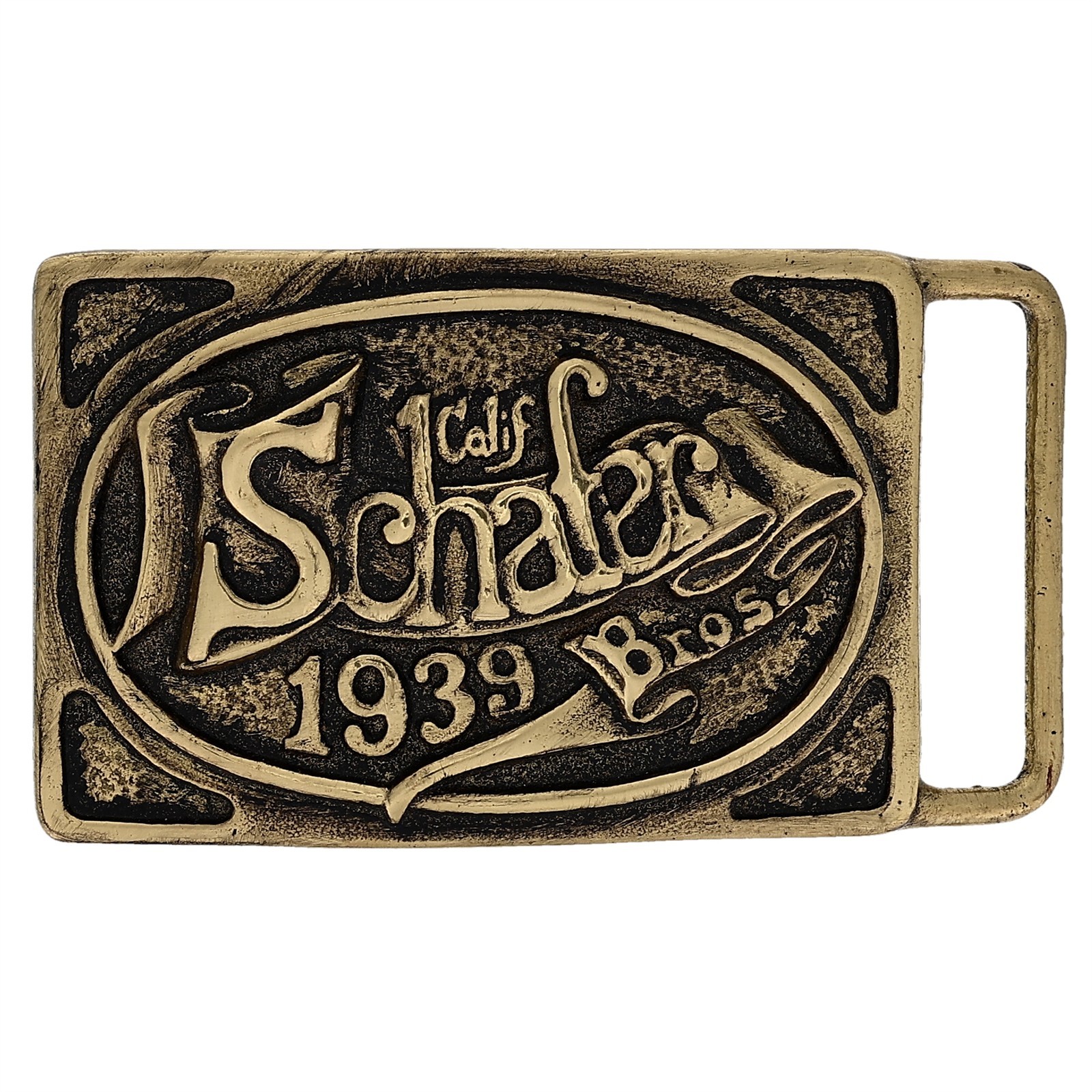 Brass Schafer Bros Brothers California Logging Sawmill PNW Vintage Belt Buckle
