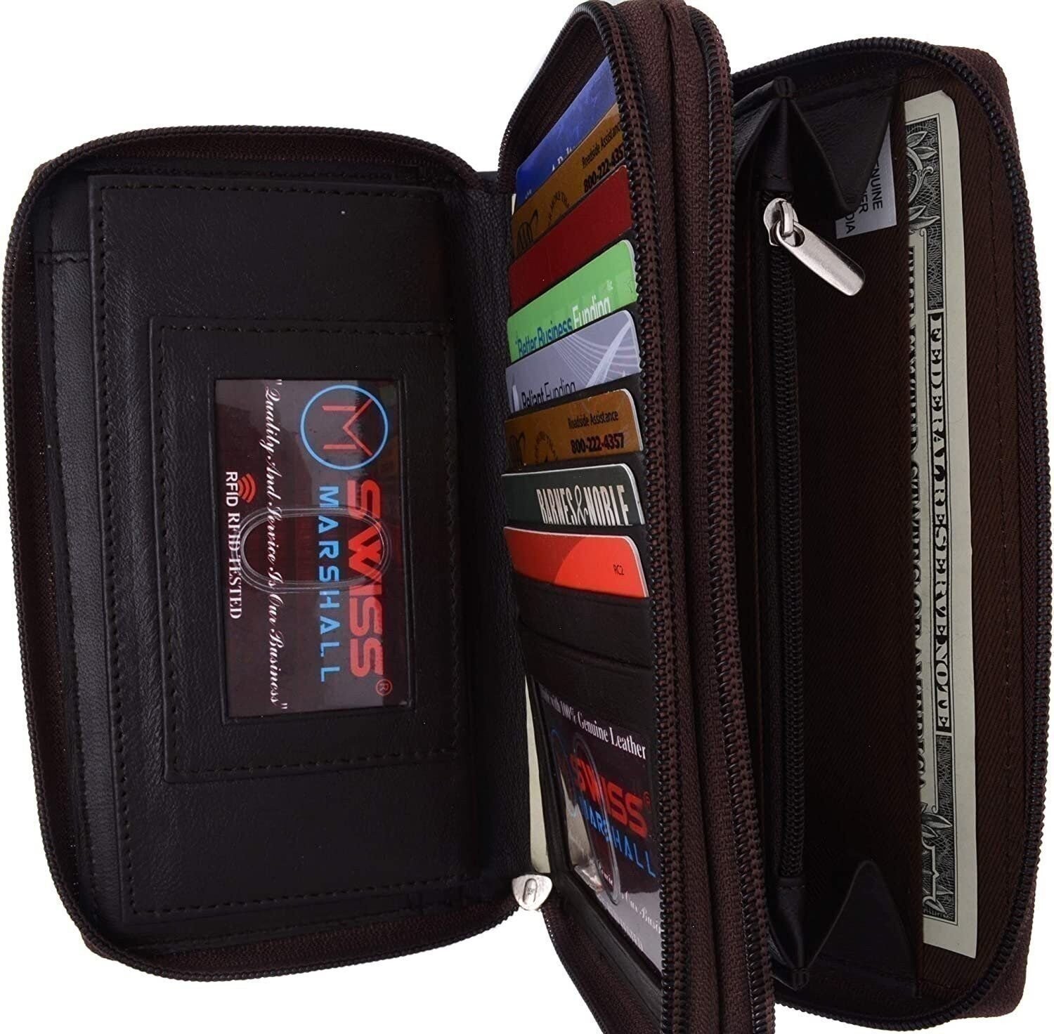 Marshal Genuine Leather Double Zipper Clutch Checkbook Wallet for Women #4575CF
