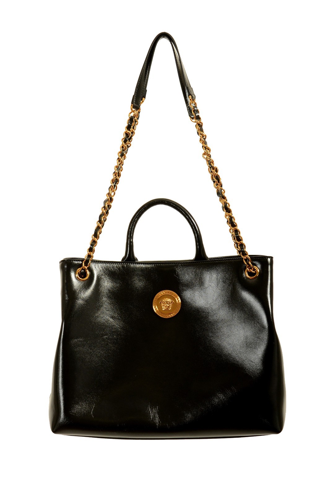 Versace Black 100% Leather Gold Medusa Logo Tote Handbag Shoulder Bag